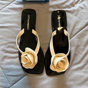 Jeffrey Campbell Black Jelly Sandals with Cream Rose Accent